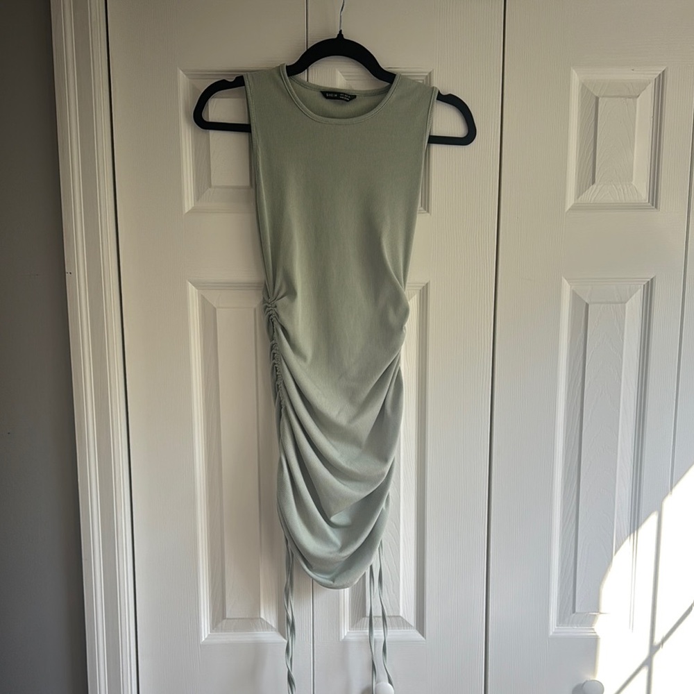 Ribbed Green Ruched Dress
